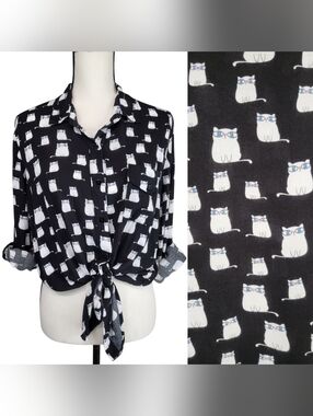 Love Notes Nerd Cats in Glasses Print Rayon Shirt Button Front/Tie Retro Top M